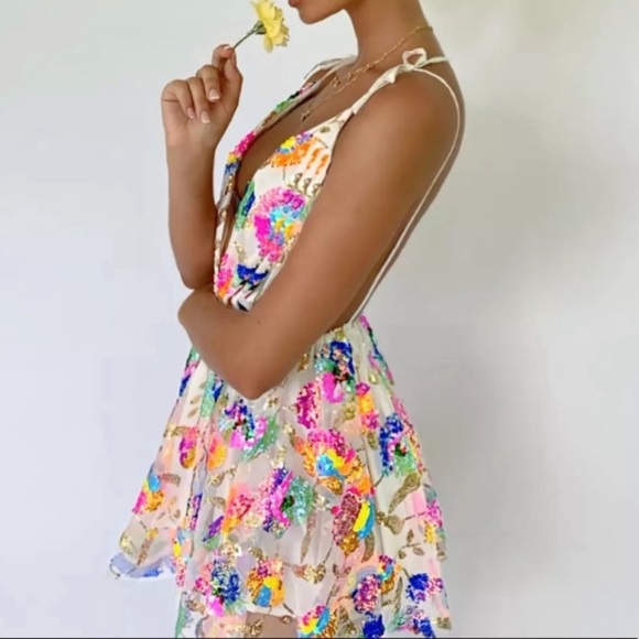 New Embroidered Confetti Pink Backless Evening Dress - Picture 2 of 6